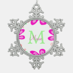 Pink flower monogram add name letter green leaf snowflake pewter christmas ornament