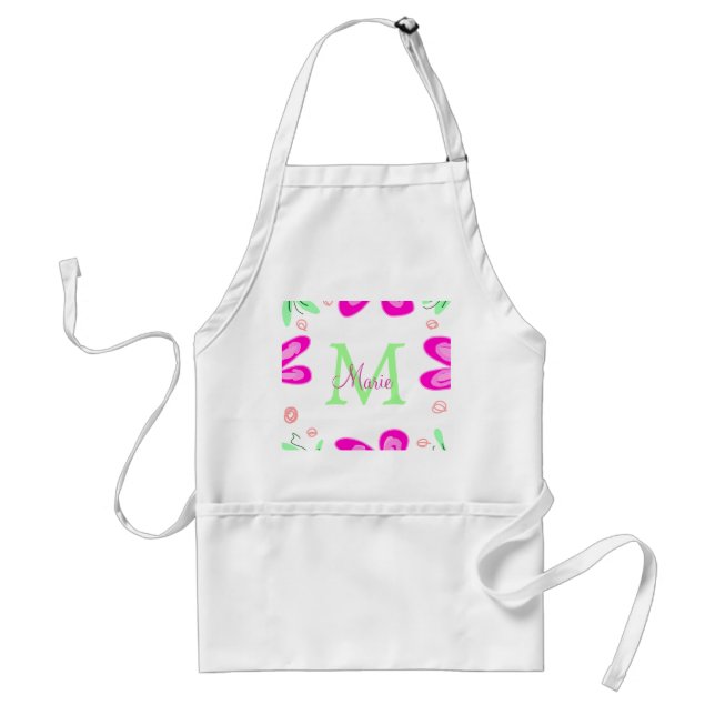 Pink flower monogram add name letter green leaf standard apron (Front)