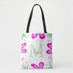 Pink flower monogram add name letter green leaf tote bag