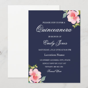 Pink Flower Navy Blue Quinceanera Invitation