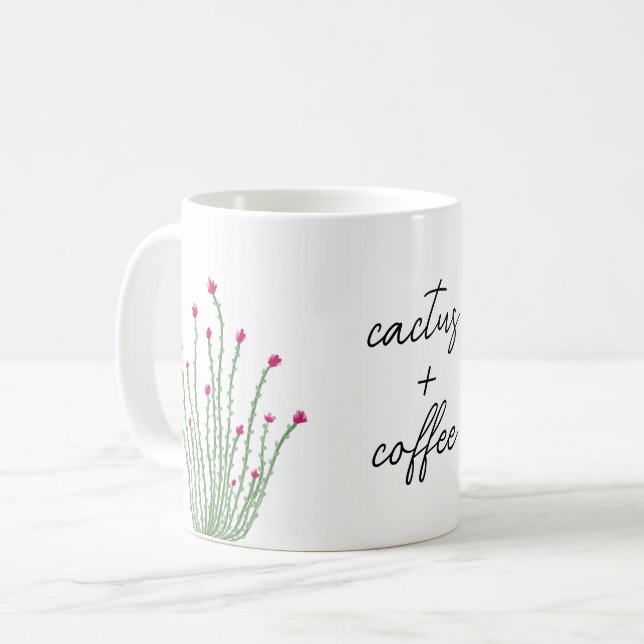 Pink Flower Ocotillo Cactus Plus Coffee Watercolor Coffee Mug (Front Left)
