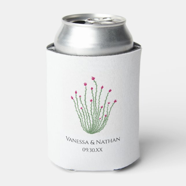 Pink Flower Ocotillo Cactus Wedding Can Cooler (Can Front)