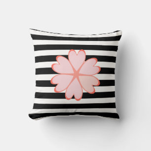 Pink Flower on Black and White Striped Cushion
