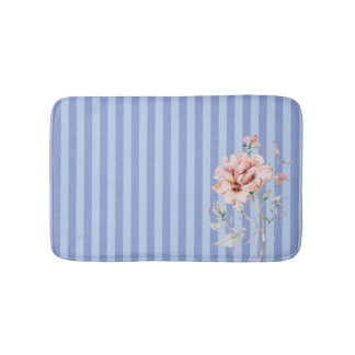 Pink Flower on Blue Striped Bath Mat