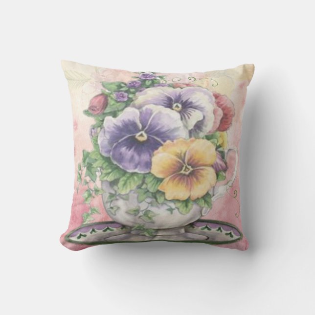pink flower pansy teacup  outdoor or indoor cushion (Front)