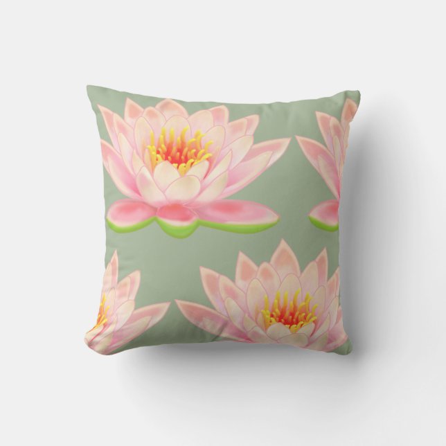 Pink Flower Pattern on Laurel Green Throw Pillow (Front)