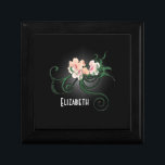 Pink Flower Personalised Bridesmaid Gif Gift Box<br><div class="desc">A personalised jewellery / trinket box for your bridesmaids. The design is an illustration of some delicate pink blossoming flowers with green swirlies and leaves on a black background. Light grey shading creates a glowing effect around the flowers which accentuates and illuminates. Personalise / customise with the names in your...</div>