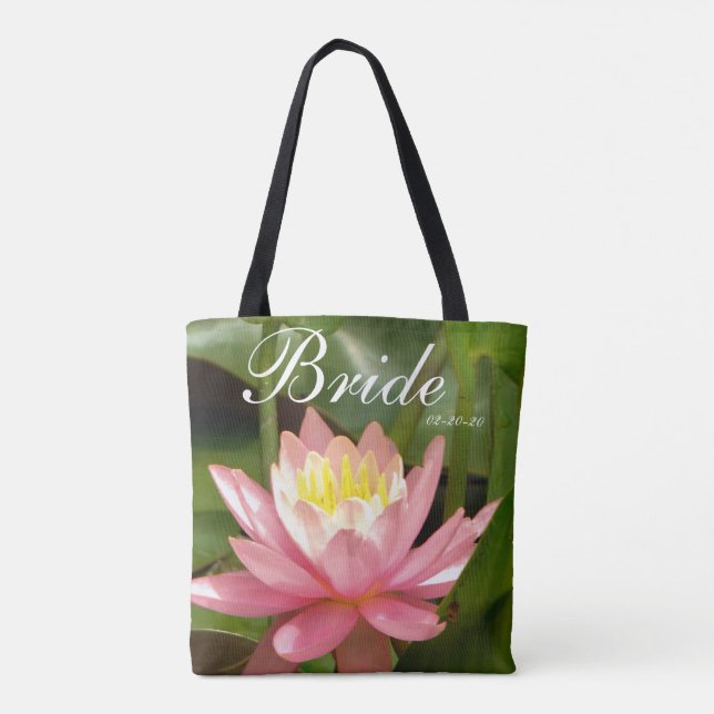 Pink flower personalised w/ Name Bride & date Tote Bag (Back)