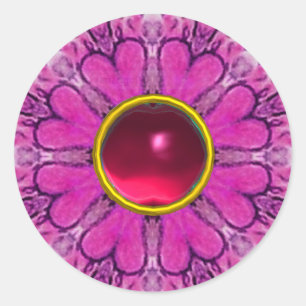 PINK FLOWER PETALS,FLORAL HEARTS AND RUBY GEMSTONE CLASSIC ROUND STICKER