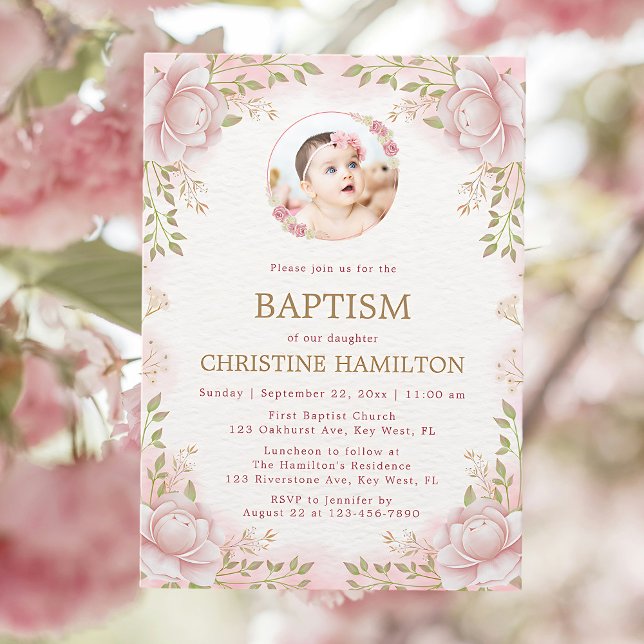 Pink Flower Photo Baptism Invitation (Creator Uploaded)