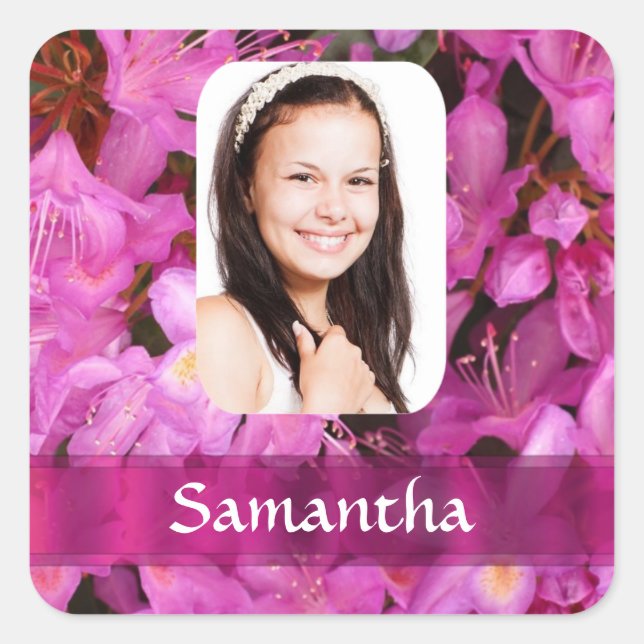 Pink flower photo template square sticker (Front)