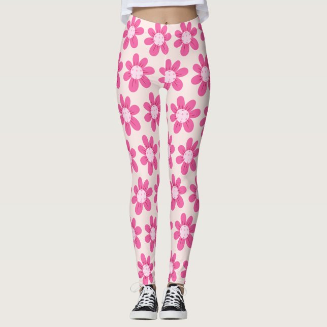 Pink Flower Pickleball Pattern Cute and Trendy  Leggings (Front)