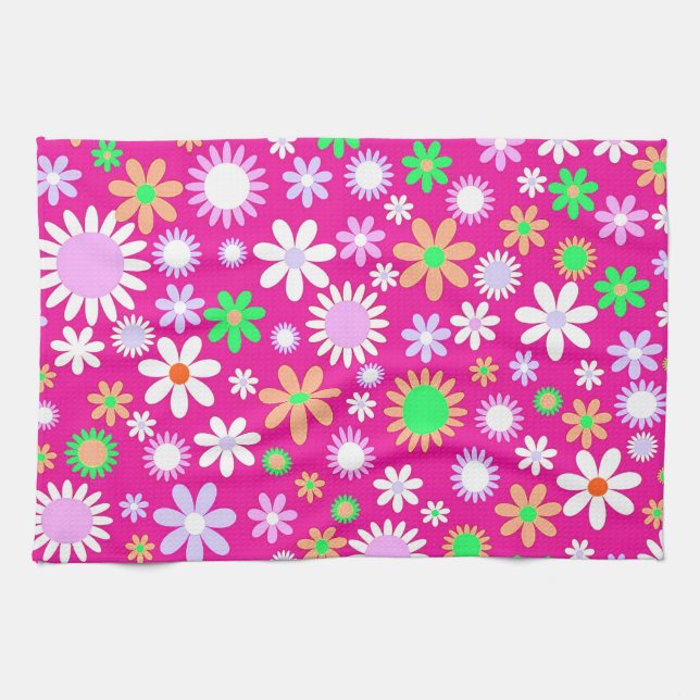 Pink Flower Power Tea Towel (Horizontal)