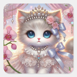 Pink Flower Princess Cat Square Sticker