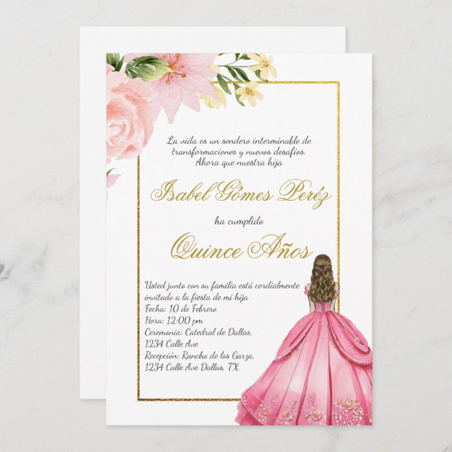 Pink flower Quince invitation in Spanish (Front/Back)