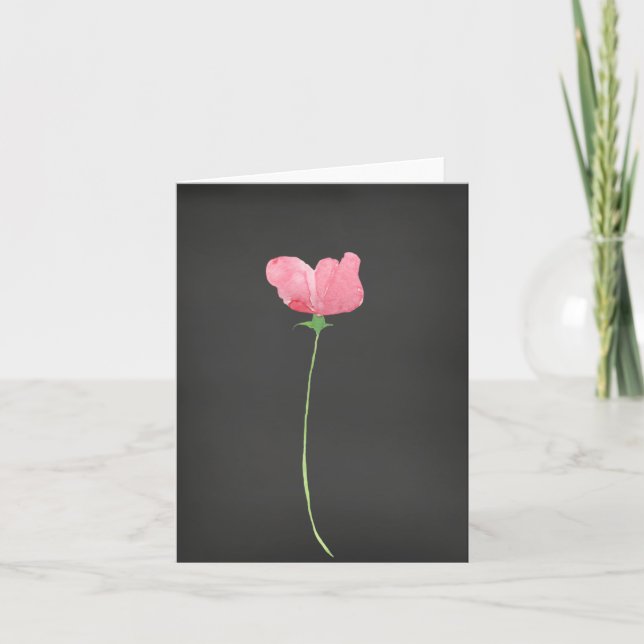Pink Flower Rose Bud on Black Thank You Card (Front)