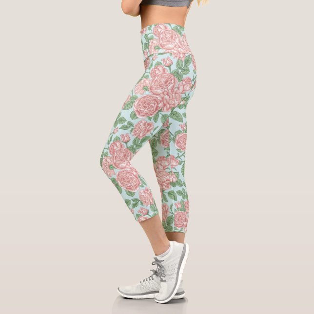 Pink Flower Rose Garden Bouquet Pattern Capri Leggings (Left)