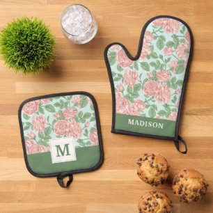 Pink Flower Rose Garden Bouquet Pattern Oven Mitt & Pot Holder Set