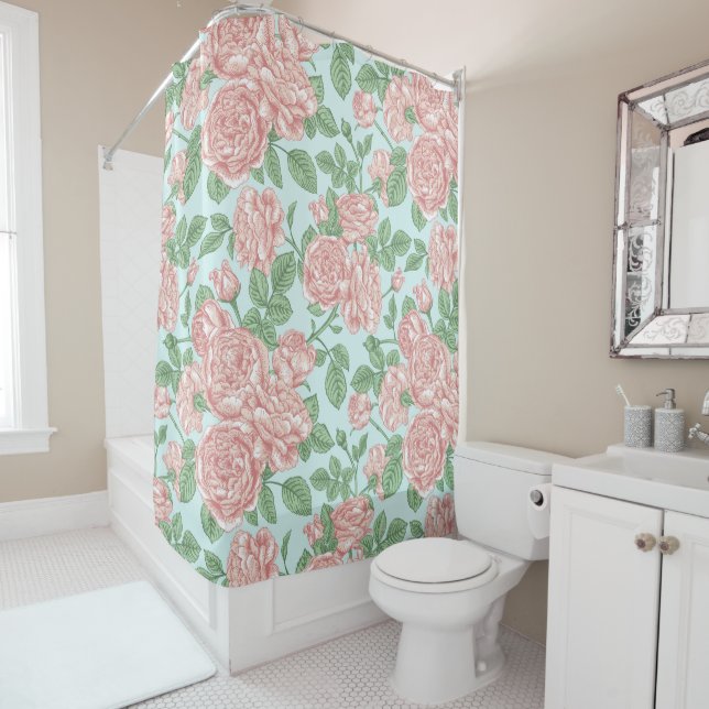 Pink Flower Rose Garden Bouquet Pattern Shower Curtain (In Situ)