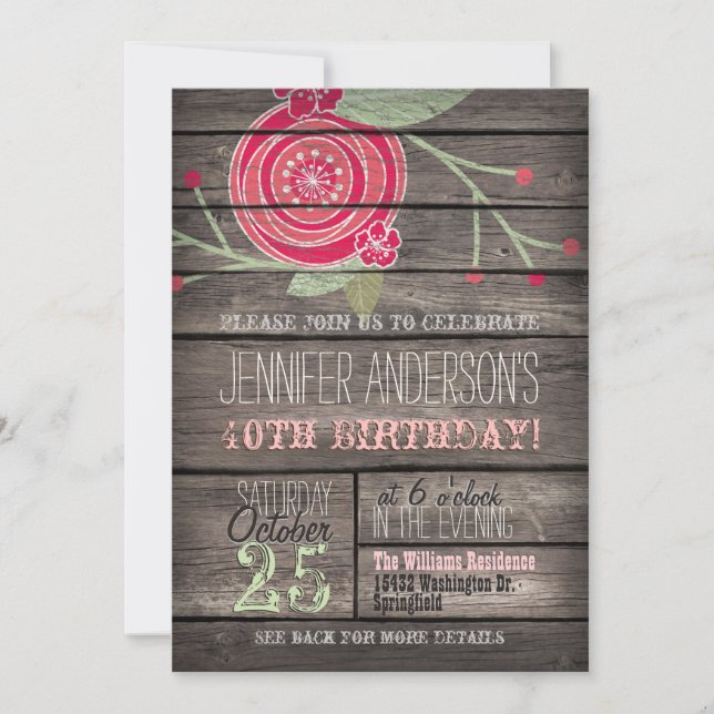 Pink Flower, Rustic Country 40th Birthday Party Invitation (Front)