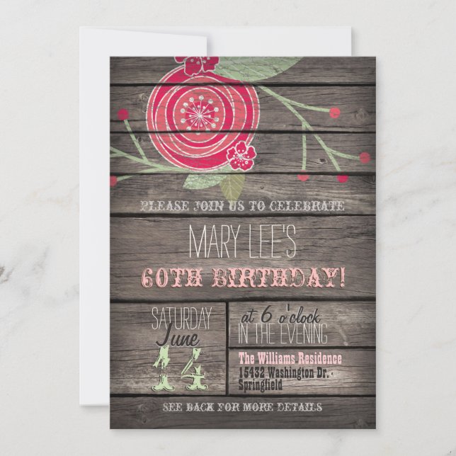 Pink Flower, Rustic Country 60th Birthday Party Invitation (Front)