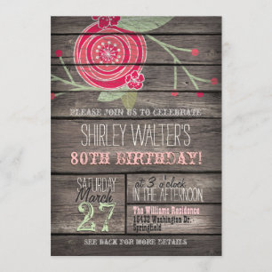 Pink Flower, Rustic Country 80th Birthday Party Invitation