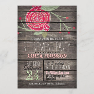Pink Flower, Rustic Country Wood Retirement Party Invitation