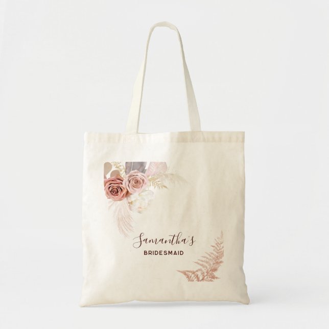 Pink Flower Script Terracotta Bridesmaid Tote Bag (Front)