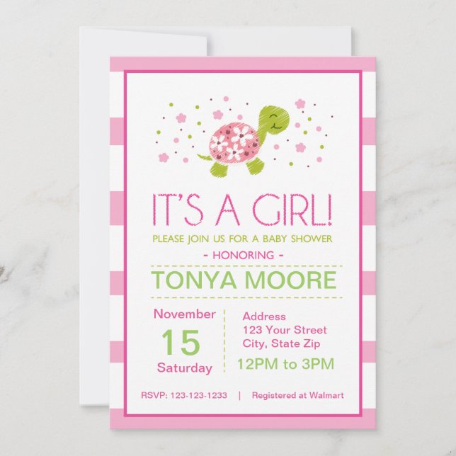 Pink Flower Stripes Turtle Baby Shower Invitation (Front)
