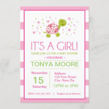 Pink Flower Stripes Turtle Baby Shower Invitation