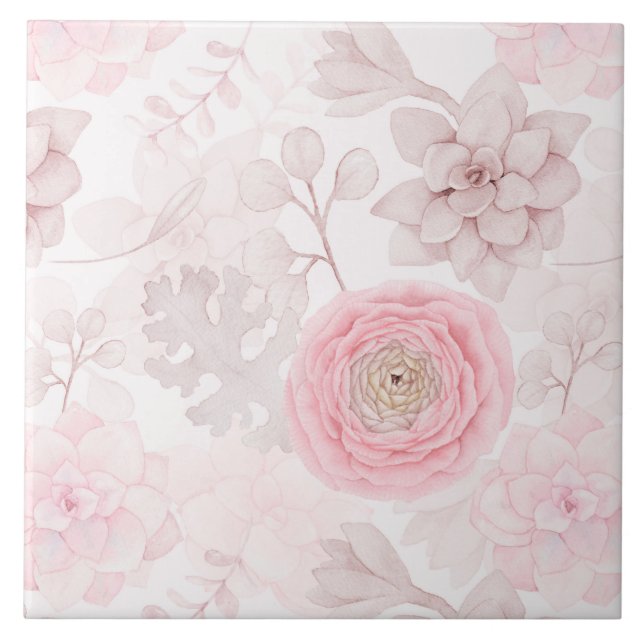 Pink Flower Succulent Illustration Summer Pattern Ceramic Tile (Front)
