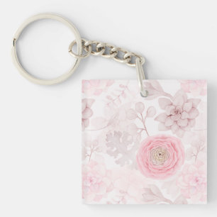 Pink Flower Succulent Illustration Summer Pattern Key Ring