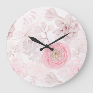 Pink Flower Succulent Illustration Summer Pattern Large Clock