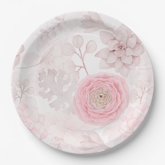 Pink Flower Succulent Illustration Summer Pattern Paper Plate (Front)