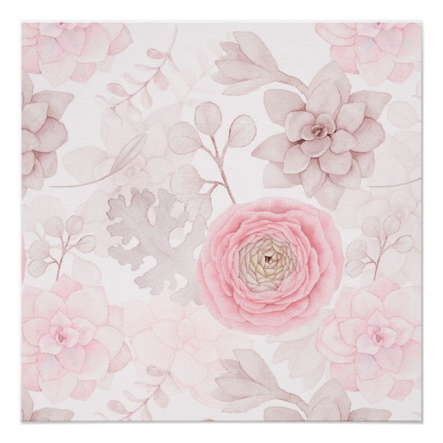 Pink Flower Succulent Illustration Summer Pattern Poster (Front)