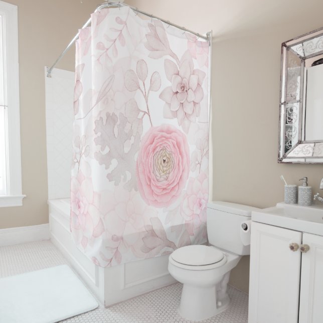 Pink Flower Succulent Illustration Summer Pattern Shower Curtain (In Situ)