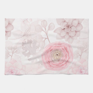 Pink Flower Succulent Illustration Summer Pattern Tea Towel
