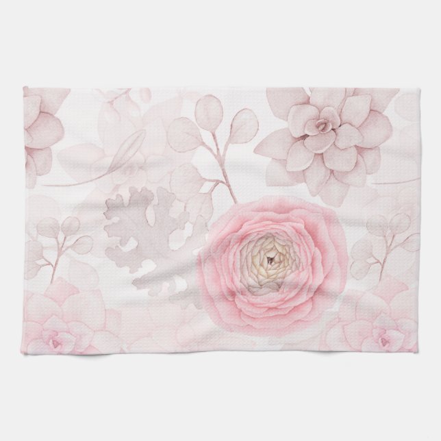 Pink Flower Succulent Illustration Summer Pattern Tea Towel (Horizontal)