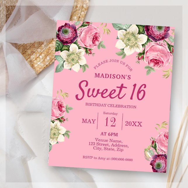 Pink Flower Sweet 16 Birthday Invitation (Creator Uploaded)