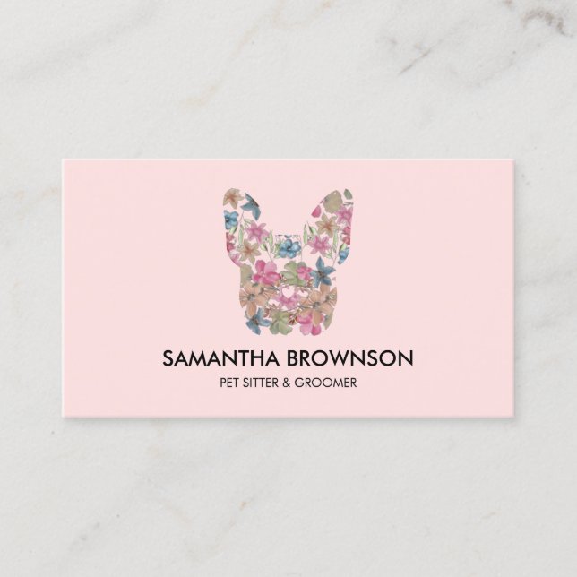 Pink Flower Texture French BullDog Pet Sitting Business Card (Front)