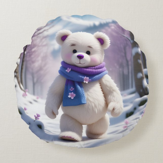pink flower tree blossom middle white bear cute  round cushion (Front)
