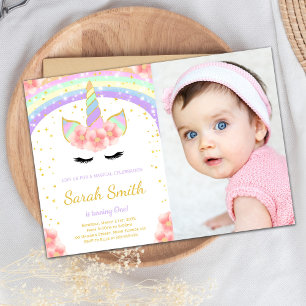Pink Flower Unicorn Invitations with photo