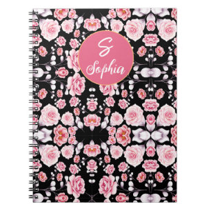 pink flower vintage pattern Custom Monogram Notebook