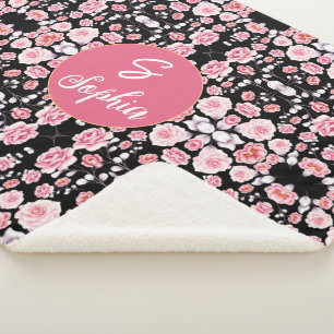 pink flower vintage pattern Custom Monogram Sherpa Blanket