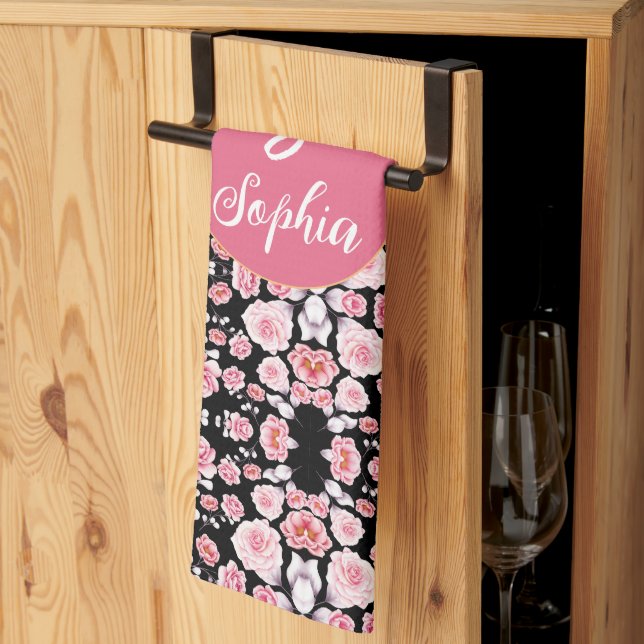 pink flower vintage pattern | Custom Monogram Tea Towel (Thirds Fold)