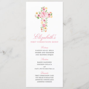 Pink Flower Watercolor Cross First Communion Menu