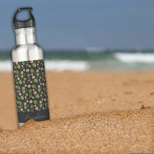 Pink flower watercolor name green 710 ml water bottle