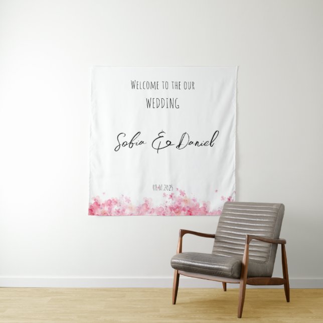 Pink flower watercolor rustic wedding tapestry (In Situ)