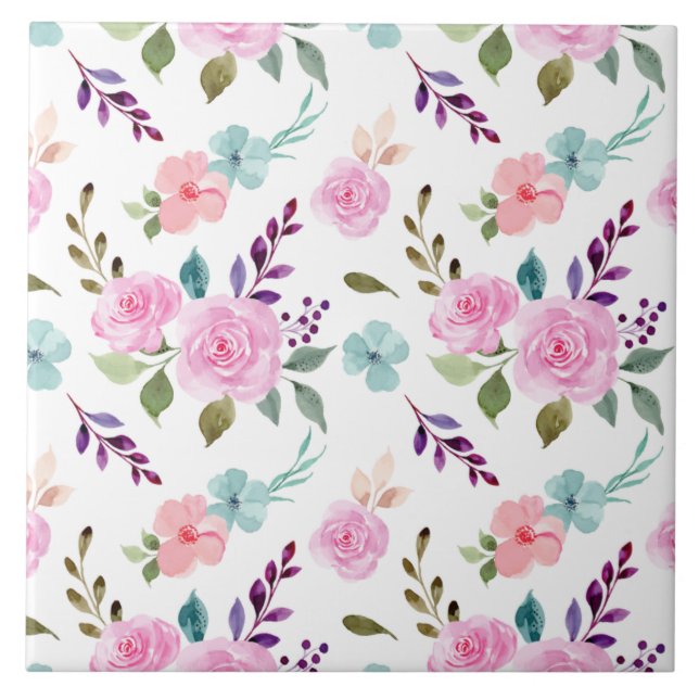 Pink flower watercolor seamless ceramic tile (Front)