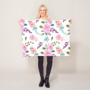 Pink flower watercolor seamless fleece blanket